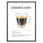 Indlæs billede til gallerivisning Illustrated Americano recipe poster with a glass mug of coffee and preparation steps.
