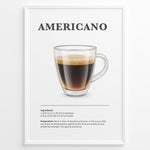 Indlæs billede til gallerivisning Illustrated Americano recipe poster with a glass mug of coffee and preparation steps.
