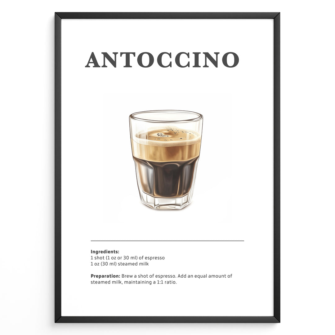 Illustrated Antoccino recipe poster with a glass of espresso and steamed milk.