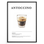 Indlæs billede til gallerivisning Illustrated Antoccino recipe poster with a glass of espresso and steamed milk.
