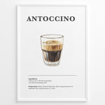 Indlæs billede til gallerivisning Illustrated Antoccino recipe poster with a glass of espresso and steamed milk.
