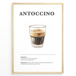 Indlæs billede til gallerivisning Illustrated Antoccino recipe poster with a glass of espresso and steamed milk.
