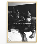 Indlæs billede til gallerivisning Fashion Plakat | Balenciaga Poster Featuring Dobermans in Black and White Plakaty.dk | Black and white poster of two Dobermans lying on a bed with the Balenciaga logo across the center.
