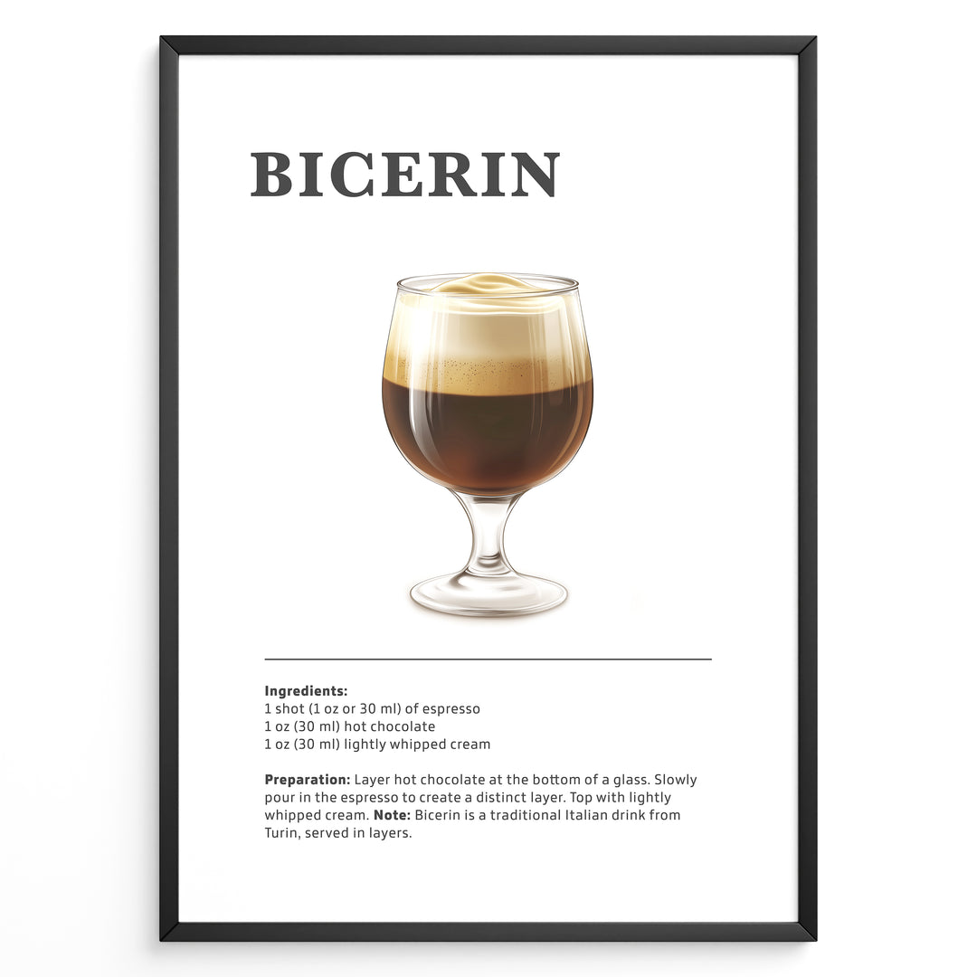 Illustrated Bicerin recipe poster with a layered glass of espresso, hot chocolate, and whipped cream.