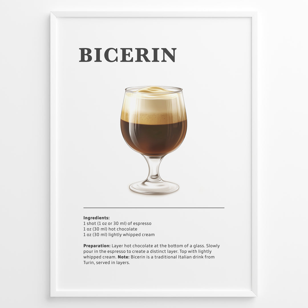 Illustrated Bicerin recipe poster with a layered glass of espresso, hot chocolate, and whipped cream.