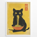 Indlæs billede til gallerivisning Japanske plakater | Illustration of a black cat with yellow eyes eating noodles from an orange bowl, set against a yellow background with Asian characters in the corner.
