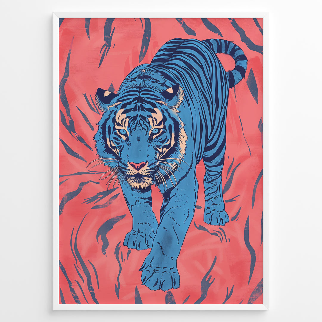 Japanske plakater | Modern pop art illustration of a blue tiger walking forward on a vivid coral-red background with black stripes, framed in black.