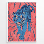 Indlæs billede til gallerivisning Japanske plakater | Modern pop art illustration of a blue tiger walking forward on a vivid coral-red background with black stripes, framed in black.
