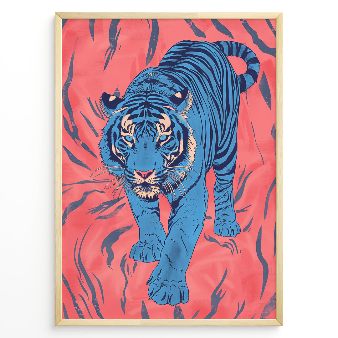 Japanske plakater | Modern pop art illustration of a blue tiger walking forward on a vivid coral-red background with black stripes, framed in black.