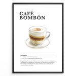 Indlæs billede til gallerivisning Illustrated Café Bombón recipe poster with layered espresso and condensed milk in a glass cup.
