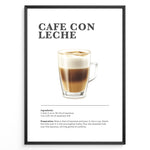 Indlæs billede til gallerivisning Illustrated Café Con Leche recipe poster with espresso and steamed milk in a clear glass cup.
