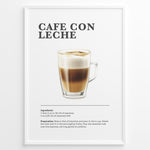 Indlæs billede til gallerivisning Illustrated Café Con Leche recipe poster with espresso and steamed milk in a clear glass cup.
