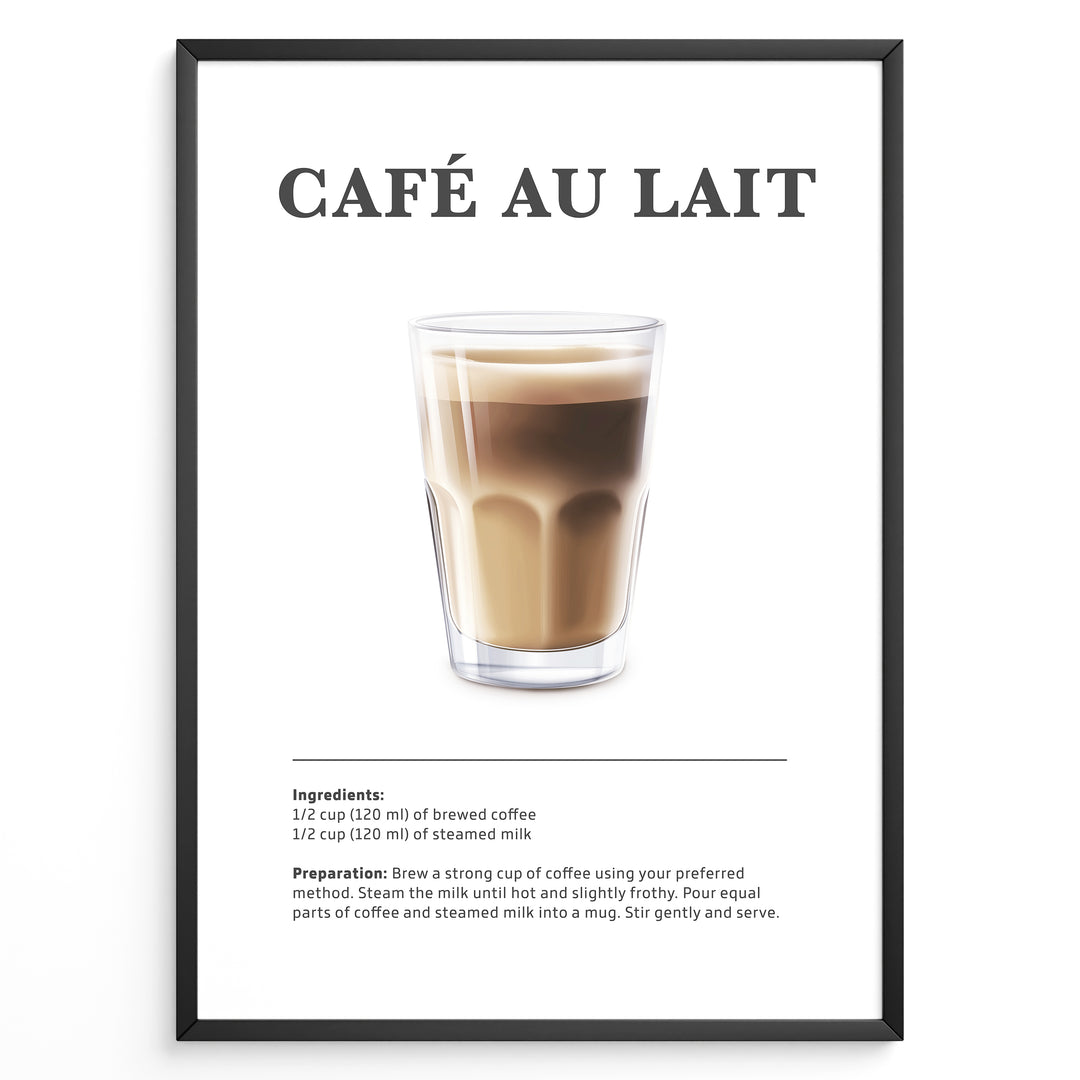 Illustrated Café au Lait recipe poster with a glass of coffee and steamed milk.