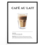 Indlæs billede til gallerivisning Illustrated Café au Lait recipe poster with a glass of coffee and steamed milk.
