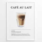 Indlæs billede til gallerivisning Illustrated Café au Lait recipe poster with a glass of coffee and steamed milk.
