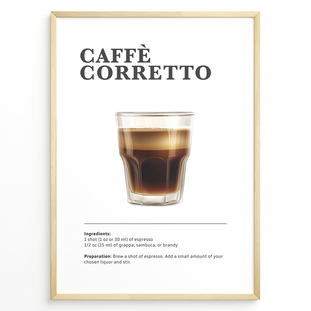 Illustrated Caffè Corretto recipe poster with espresso mixed with liquor in a clear glass.