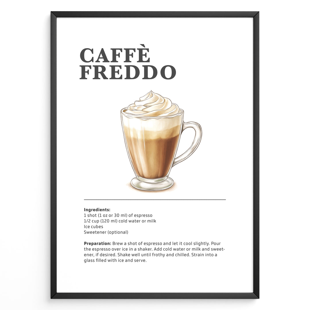 Illustrated Caffè Freddo recipe poster with an iced espresso drink topped with foam.
