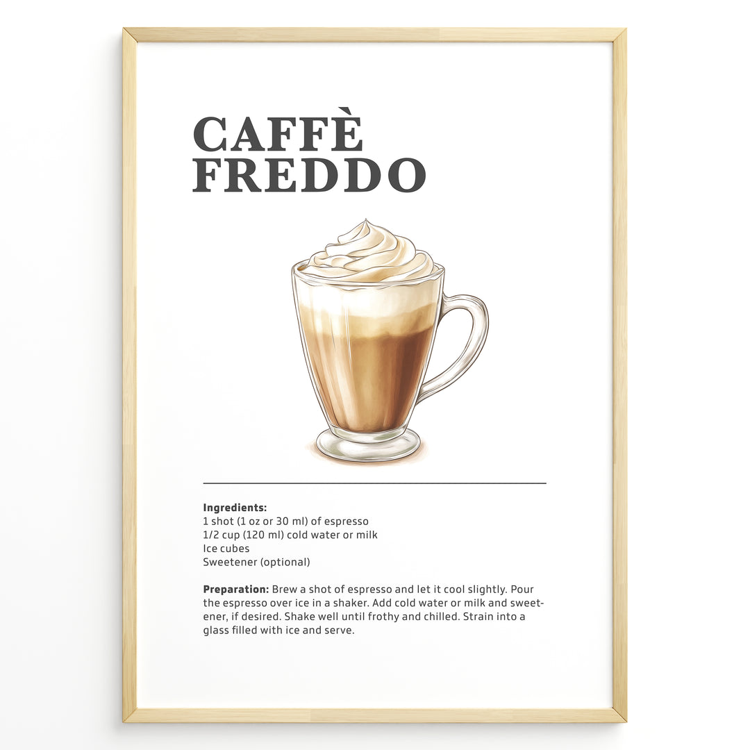 Illustrated Caffè Freddo recipe poster with an iced espresso drink topped with foam.