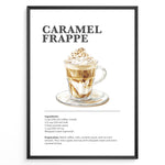 Indlæs billede til gallerivisning Illustrated Caramel Frappe recipe poster with an iced coffee drink topped with whipped cream and caramel.
