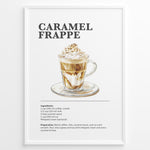 Indlæs billede til gallerivisning Illustrated Caramel Frappe recipe poster with an iced coffee drink topped with whipped cream and caramel.
