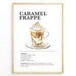 Indlæs billede til gallerivisning Illustrated Caramel Frappe recipe poster with an iced coffee drink topped with whipped cream and caramel.
