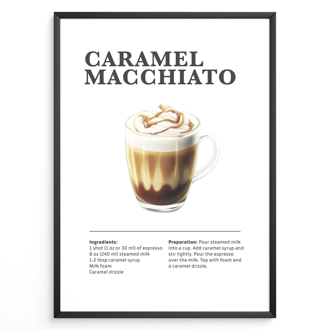 Illustrated Caramel Macchiato recipe poster with espresso, steamed milk, foam, and caramel drizzle in a glass cup.