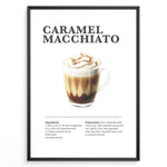 Indlæs billede til gallerivisning Illustrated Caramel Macchiato recipe poster with espresso, steamed milk, foam, and caramel drizzle in a glass cup.
