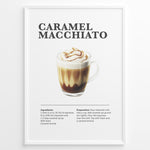 Indlæs billede til gallerivisning Illustrated Caramel Macchiato recipe poster with espresso, steamed milk, foam, and caramel drizzle in a glass cup.
