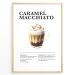 Indlæs billede til gallerivisning Illustrated Caramel Macchiato recipe poster with espresso, steamed milk, foam, and caramel drizzle in a glass cup.
