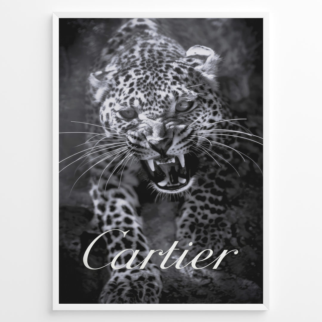Fashion Plakat | Cartier-Inspired Art Featuring Fierce Leopard Plakaty.dk | Black-and-white image of a snarling leopard with bared teeth, with the word "Cartier" elegantly overlaid at the bottom.