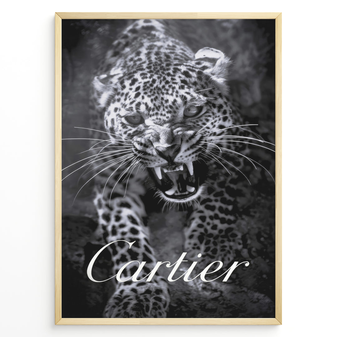 Fashion Plakat | Cartier-Inspired Art Featuring Fierce Leopard Plakaty.dk | Black-and-white image of a snarling leopard with bared teeth, with the word "Cartier" elegantly overlaid at the bottom.