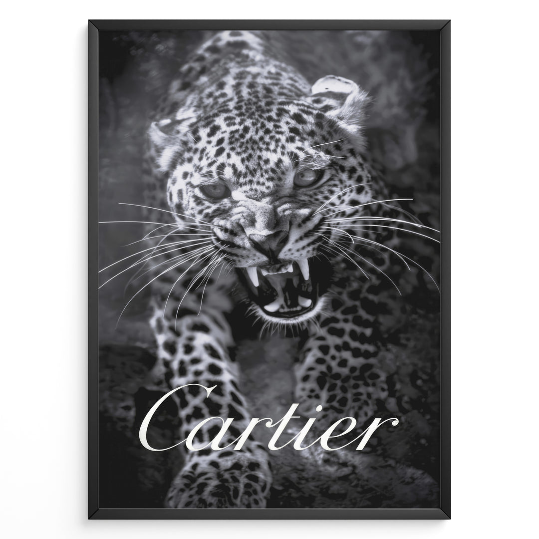 Fashion Plakat | Cartier-Inspired Art Featuring Fierce Leopard Plakaty.dk | Black-and-white image of a snarling leopard with bared teeth, with the word "Cartier" elegantly overlaid at the bottom.