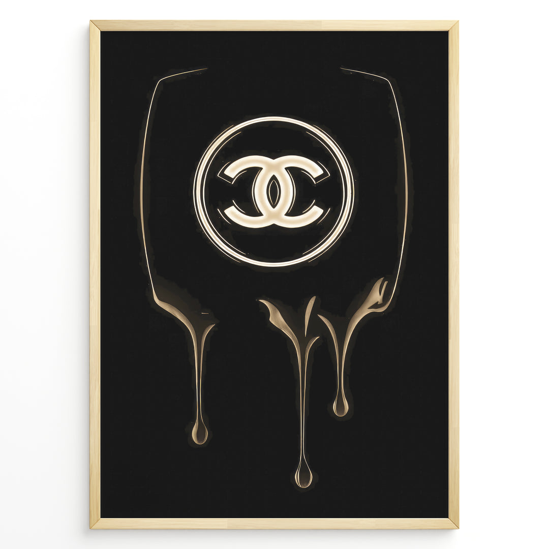 Fashion Plakat | Chanel Gold Drip Logo – Luxury Modern Wall Art Plakaty.dk | Gold dripping Chanel logo on a black background, designed as a modern luxury fashion wall art print.