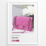 Indlæs billede til gallerivisning Fashion Plakat | Chanel Pink Quilted Bag – Parisian Elegance Wall Art Plakaty.dk | Pink Chanel quilted handbag with silver chain displayed in front of white flowers, accompanied by a color palette and labeled “Paris/France Chanel”.
