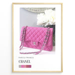 Indlæs billede til gallerivisning Fashion Plakat | Chanel Pink Quilted Bag – Parisian Elegance Wall Art Plakaty.dk | Pink Chanel quilted handbag with silver chain displayed in front of white flowers, accompanied by a color palette and labeled “Paris/France Chanel”.
