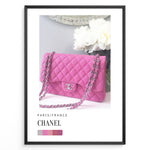 Indlæs billede til gallerivisning Fashion Plakat | Chanel Pink Quilted Bag – Parisian Elegance Wall Art Plakaty.dk | Pink Chanel quilted handbag with silver chain displayed in front of white flowers, accompanied by a color palette and labeled “Paris/France Chanel”.
