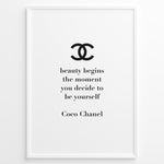 Indlæs billede til gallerivisning Fashion Plakat | Chanel Quote Poster – “Beauty Begins” Inspirational Wall Art Plakaty.dk | Minimalist poster with the Chanel logo and the quote “Beauty begins the moment you decide to be yourself” by Coco Chanel.
