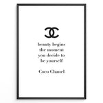 Indlæs billede til gallerivisning Fashion Plakat | Chanel Quote Poster – “Beauty Begins” Inspirational Wall Art Plakaty.dk | Minimalist poster with the Chanel logo and the quote “Beauty begins the moment you decide to be yourself” by Coco Chanel.
