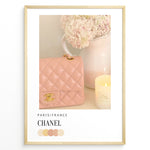 Indlæs billede til gallerivisning Fashion Plakat | Chanel in Bloom – Soft Pink Elegance Poster Plakaty.dk | Blush pink Chanel quilted handbag beside pastel flowers and a candle, evoking soft luxury and feminine Parisian style.

