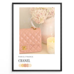 Indlæs billede til gallerivisning Fashion Plakat | Chanel in Bloom – Soft Pink Elegance Poster Plakaty.dk | Blush pink Chanel quilted handbag beside pastel flowers and a candle, evoking soft luxury and feminine Parisian style.
