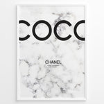 Indlæs billede til gallerivisning Fashion Plakat | Coco Chanel Quote Poster on Marble Background – Fashion Wall Art Plakaty.dk | Minimalist poster with large &quot;COCO&quot; text and a Chanel quote on a white marble background: &quot;I don&#39;t do fashion, I am fashion.&quot;
