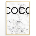 Indlæs billede til gallerivisning Fashion Plakat | Coco Chanel Quote Poster on Marble Background – Fashion Wall Art Plakaty.dk | Minimalist poster with large &quot;COCO&quot; text and a Chanel quote on a white marble background: &quot;I don&#39;t do fashion, I am fashion.&quot;
