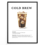 Indlæs billede til gallerivisning Illustrated Cold Brew recipe poster with a tall glass of iced coffee and ice cubes.
