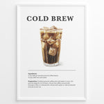 Indlæs billede til gallerivisning Illustrated Cold Brew recipe poster with a tall glass of iced coffee and ice cubes.
