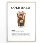 Indlæs billede til gallerivisning Illustrated Cold Brew recipe poster with a tall glass of iced coffee and ice cubes.
