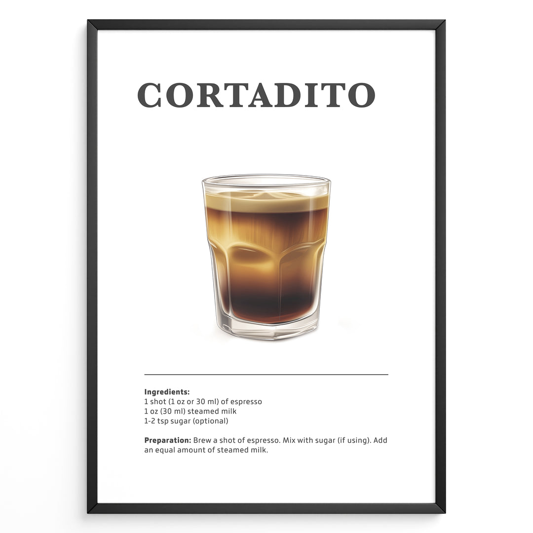 Illustrated Cortadito recipe poster with a glass of espresso mixed with steamed milk.