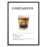 Indlæs billede til gallerivisning Illustrated Cortadito recipe poster with a glass of espresso mixed with steamed milk.
