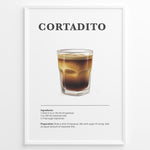 Indlæs billede til gallerivisning Illustrated Cortadito recipe poster with a glass of espresso mixed with steamed milk.
