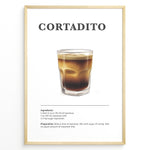 Indlæs billede til gallerivisning Illustrated Cortadito recipe poster with a glass of espresso mixed with steamed milk.
