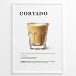 Indlæs billede til gallerivisning Illustrated Cortado recipe poster with a glass of espresso mixed with steamed milk.
